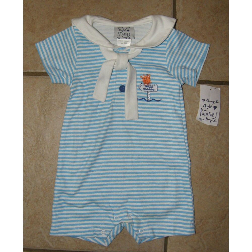 NWT Boys Sz 6 Months Blue Stripe Nautical Sailor Soft Cotton Romper NEW POTATOES